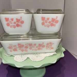 Vintage Pink Gooseberry Pyrex Refrigerator Dish Set with Lids 501 (2), 502, 503